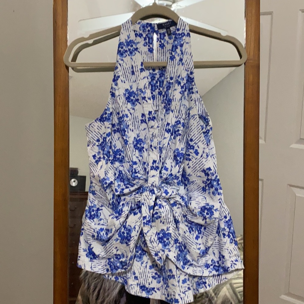 Kaari Blue Blue and White Floral Button Down Racer Back Top